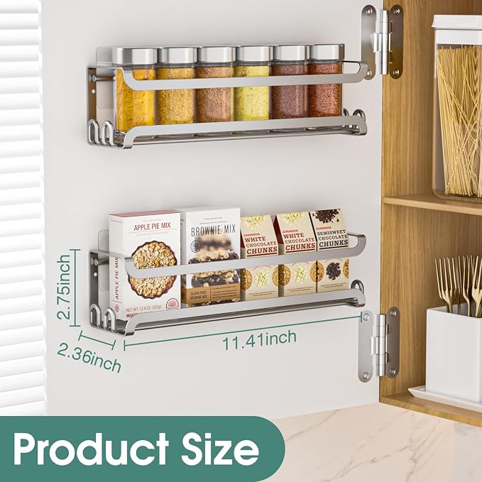 LUCYCAZ 4 Pack Wall Mounted Spice Rack for Kitchen Cabinet,RV,Camper,Sliver | 16 Metal Hooks, Space-Saving,Screw or Adhesive Spice Shelf Hanging,for Pantry Door Spice Jars & Seasonings,11.41×2.75×2.36in - Image 2