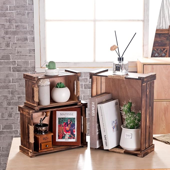 TIMRIS Set of 3 Rustic Wood Nesting Crates, Farmhouse Wooden Storage Container Boxes with Cutout Handles, Decorative Wooden Baskets for Display (Rustic Brown) - Image 4