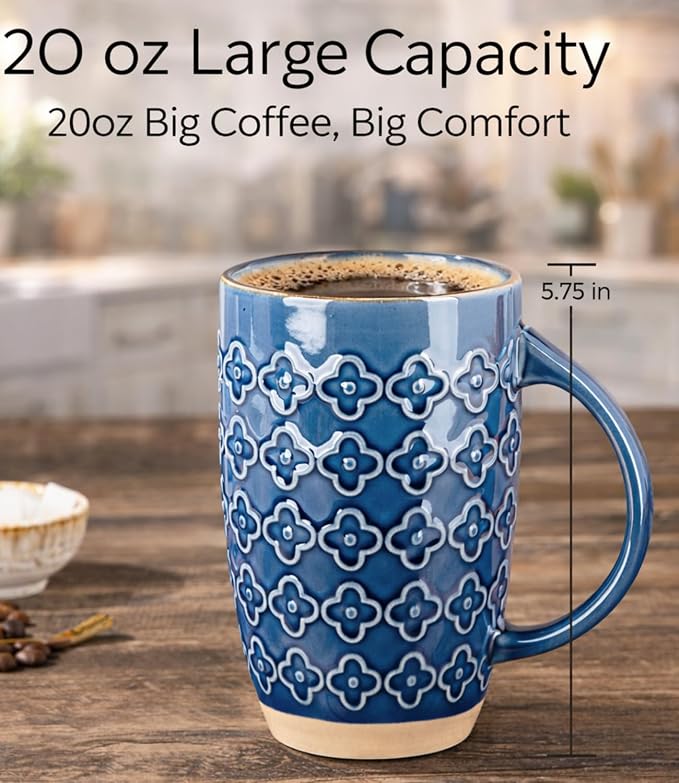 GBhome 20oz Large Coffee Mugs Set of 6, Handmade Tall Ceramic Coffee Mugs with Texture Patterns for Cappuccino, Latte,Hot Cocoa, Dishwasher & Microwave Safe-Moonlight Blue - Image 2