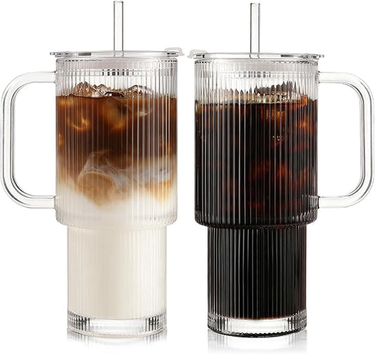 Iced Coffee Cups with Lids 2Pcs: Ribbed Glass Tumbler with Straw and Lid 24oz - Coffee Bar Accessories - Glass Cups and Tumblers with Lids and Straws - Tumbler Leak Proof - Coffee Tumbler with Handle by DWTSDANWEITESI