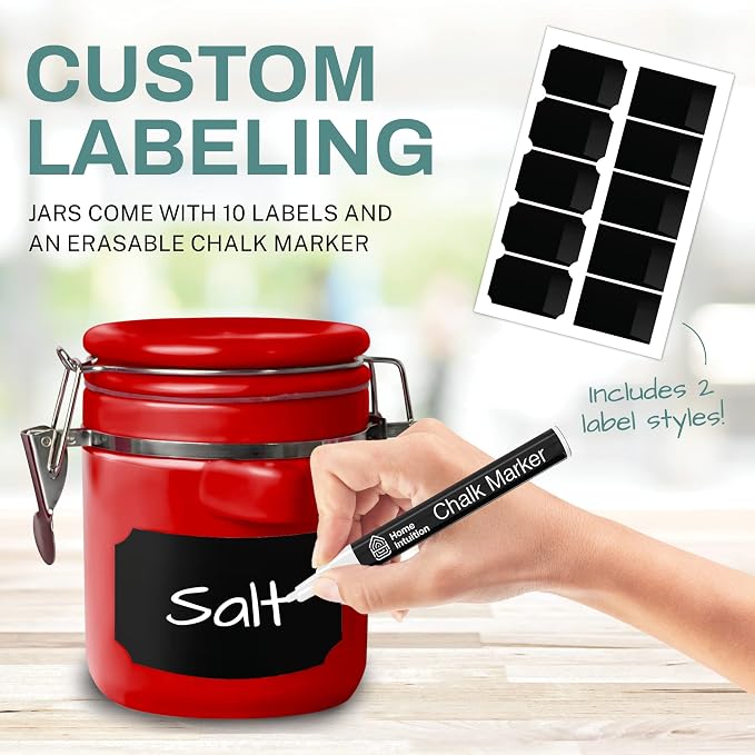 Home Intuition Smell Proof 4-Piece Ceramic Kitchen Canisters Set, Airtight Containers with Wooden Spoons Reusable Chalk Labels and Marker for Sugar, Coffee, Flour, Tea (Red) - Image 2