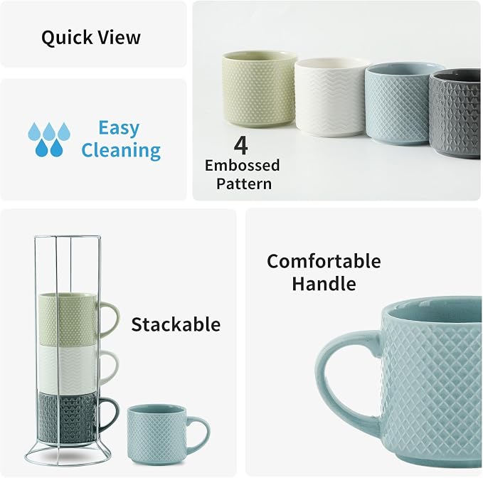 HASENSE Coffee Mugs 12 OZ Ceramic Cups Set of 4, Stackable Embossed Coffee Cups with Rack, Porcelain Coffee Cups for Latte, Cappuccino, Mocha, Cocoa, Americano, Hot Tea and Milk, Multi Color - Image 4