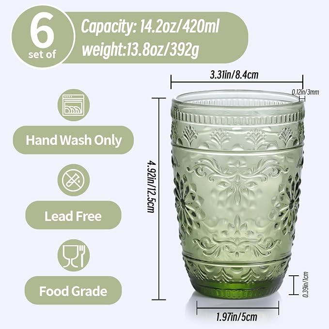 abrwyy Green Drinking Glasses, Vintage Glassware, 14oz Green Glass Cups | Lead-Free Glass, Thick&Durable Glass, Home Decoration, Drinking Glasses Set of 6 - Image 5