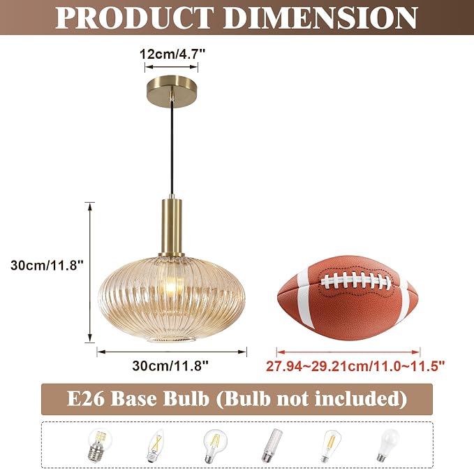 KCO Modern Brushed Brass Gold 11.8” Large Amber Ribbed Glass Pendant Light | E26 Adjustable Lantern Hanging Light for Sloped Ceiling Mid Century Vintage Ceiling Light for Kitchen Island Sink Dining Room - Image 2