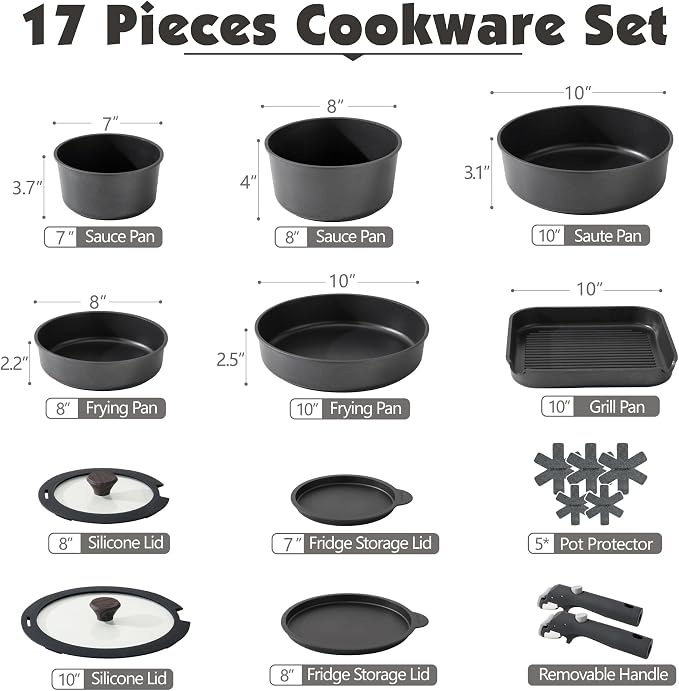 SENSARTE 17 Piece Nonstick Detachable Handle Pots and Pans Set Black | Removable Handle Cookware Set, Induction Cookware Set with Removable Handle, Healthy Non Stick for RV, Dishwasher ＆ Oven Safe - Image 2