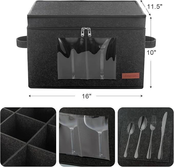 Foyego Wine Glass Storage Box with 24 Dividers, Dark Gray, 2 Pack | Visible Window, Soft Handles, for Packing and Moving, Stackable Storage Containers for Stemware, Glassware, Crystal Glasses - Image 2