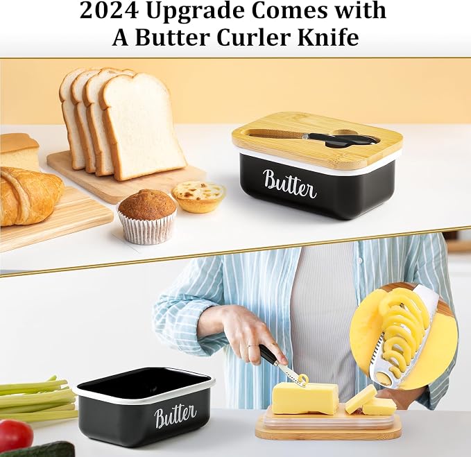 Butter Dish with Lid and Butter Curler Knife for Countertop - Unbreakable Metal Keeper Container with High-quality Double Silicone Sealing, for Kitchen Farmhouse Decor, Black - Image 2