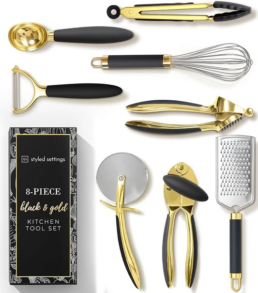 Styled Settings Black and Gold Kitchen Utensils, 8-Piece, Black & Gold | 8-Piece Gold Kitchen Tools Set with Can, Pizza Cutter, Peeler, Mini Whisk, and Tongs by STYLEDSETTINGS
