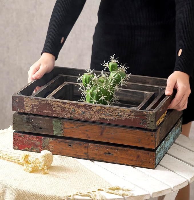 TIMRIS Set of 3 Rustic Distressed Wood Nesting Crates, Farmhouse Decorative Wooden Storage Boxes, Large Vintage Reclaimed Wood Baskets for Display (Random) - Image 3