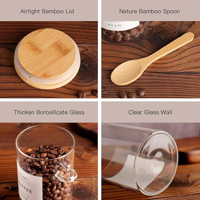 CZZGSM Glass Jar with Bamboo Lid and Spoon - 4 Pcs 17 oz Sugar Container with 132 Food Pantry Labels - Glass Containers with Wooden Lids Hold Coffee, Tea, Candy - Image 6