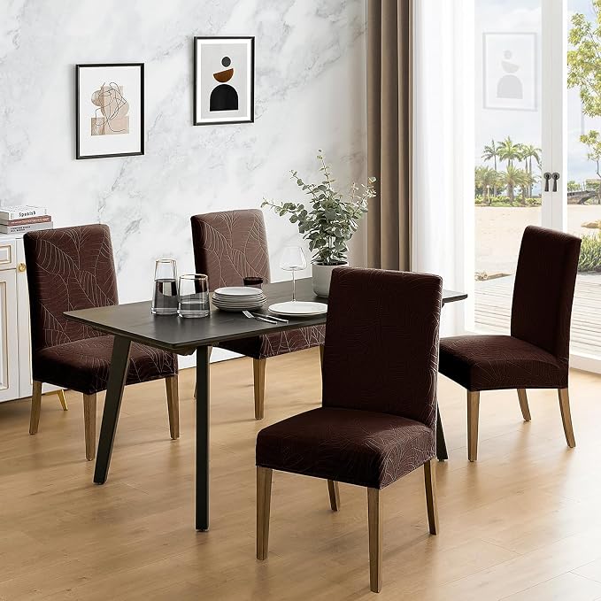 MOSAYT 100% Waterproof Dining Room Chair Covers Set of 4, Super Fit Stretch Jacquard Parson Chairs Slipcovers Removable Washable Chair Seat Protectors for Home, Kitchen, Banquet (Chocolate) - Image 2