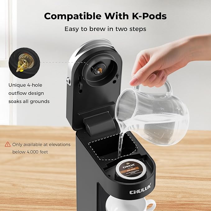 CHULUX Slim Single Serve Coffee Maker for K Cup, Fast Brewing, Matte Black | Rapid-Heating Boiler Tech, 4-Hole Needle for Richer Flavor, Adjustable Drip Tray for 7.3" Travel Mug, Food Grade Material - Image 4