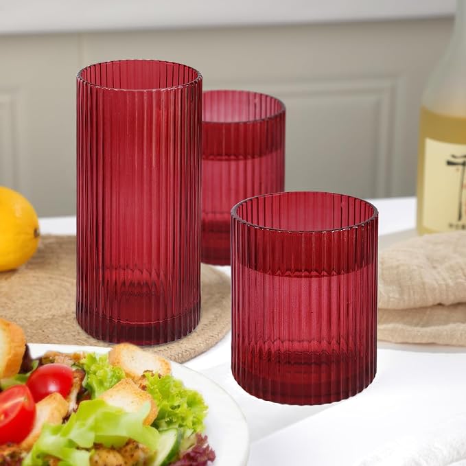 Ribbed Drinking Glasses 8pcs, 12oz and 10oz Glassware, Tumbler Glasses Cup Set for Wedding, Party, Christmas Gift, Red - Image 3