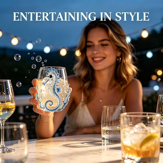Novelty Seahorse Tumbler Glasses, 3D Artisanal Ocean Themed Embossed Cups, 12oz Decorative Bar Glassware Gift Set(4pcs) - Image 3