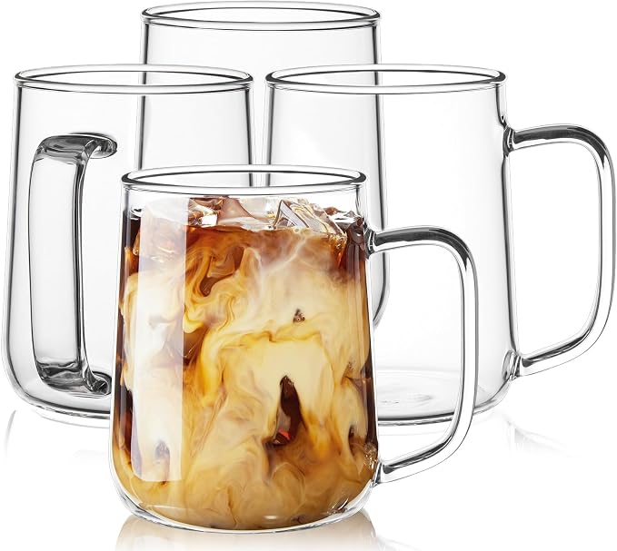 Large Glass Coffee Mugs, 20 oz Glass Coffee Cups Set of 4, Clear Borosilicate Glass Mugs with Handles for Cappuccino, Tea, Latte, Hot/Cold Beverages, Wine, Americano by Unknown