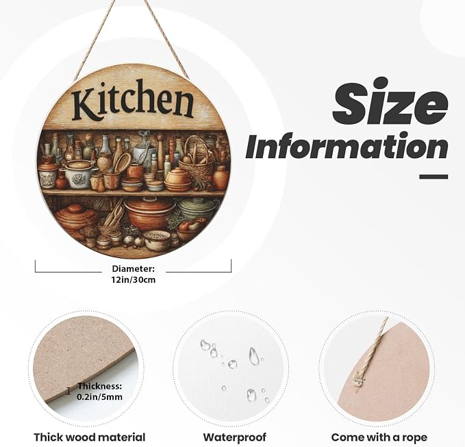 Rustic Kitchen Pantry Wooden Plaque, 12inch Round Wall Decor With Tiered Shelves, Copper, Jars & Utensils, Kitchen Door Hanging Art, Home Decoration Artworks Create An Atmosphere - Image 3