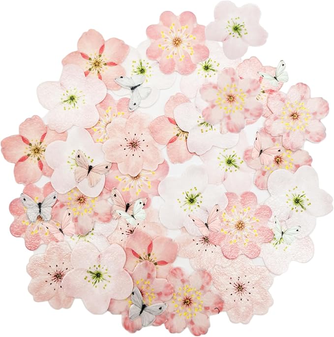 58 PCS Edible Cherry Blossoms Butterfly Cupcake Toppers Flowers Cake Decorations Wafer Paper Flowers Cupcake Topper for Baby Shower Kids Birthday Party Decorations Supplies Colorful - Image 2