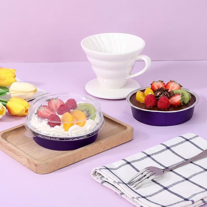Beasea Mini Ramekins with Lids, 100 Pack 7.3oz Disposable Aluminum Tart Pie Baking Tins Pans, 4 Inch Small Individual Cheesecake Tart Containers Oven Baking Dishes for Party - Violet Purple - Image 6