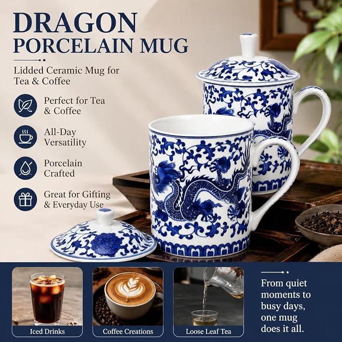Peohud Set of 2 Porcelain Chinese Tea Cup with Lid, 12 Oz Bone China Coffee Tea Mug for Travel Home Office, Dishwasher Safe, Blue Dragon - Image 4