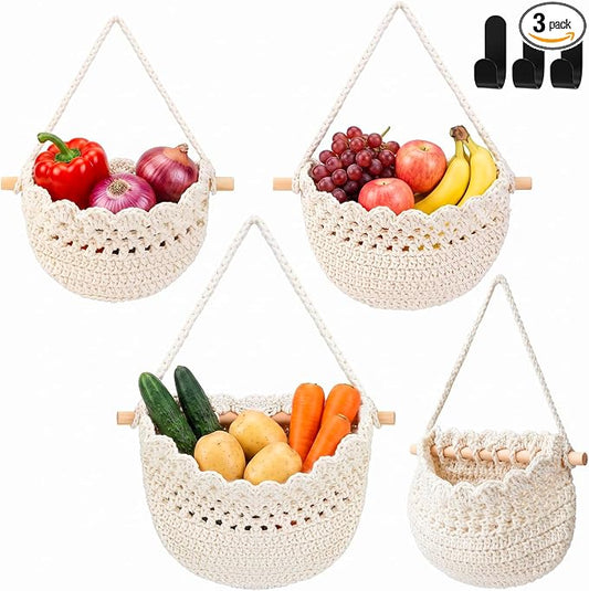 Honeydak Boho Decor Hanging Wall Baskets for Kitchen 3 Pack Teardrop Baskets with Hooks Storage Fruit Onion Vegetable Potato for Home(White,Lace,Cotton Rope) by Honeydak