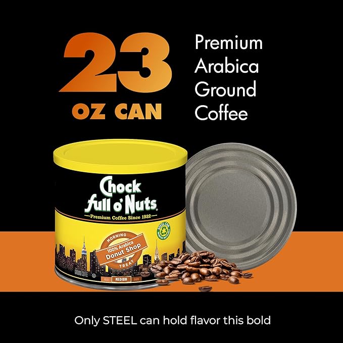 Chock Full o' Nuts Donut Shop Ground Coffee – Premium Beans in Recyclable Steel Can – Rich Flavor & Aroma, Medium Roast – Perfect for Drip, Pour-Over, Percolator – 23 Oz Can