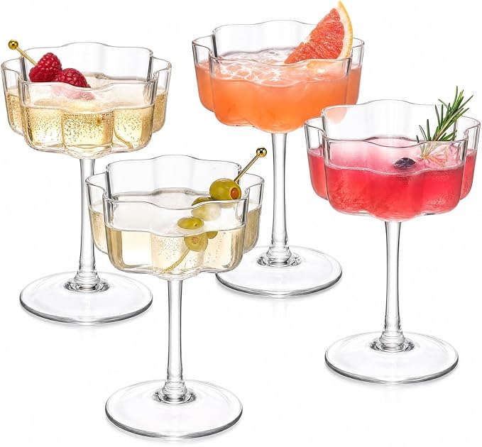Flower Scalloped Vintage Wavy Petals Wave Glass Coupes 7oz Colorful Martini, Champagne & Cocktails, 4 Set Clear Rippled Champagne Glasses, Elegant Bar Glassware, Unique Aesthetic Coupe Glassware Gifts - Image 9