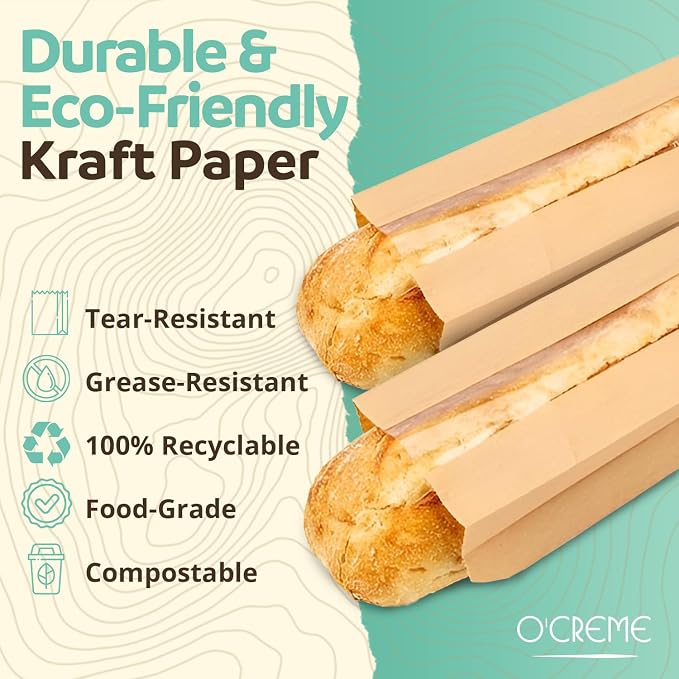 O’Creme 50 Pack Baguette Brown Paper Bag w/Clear Front Window, Bakery Storage Bags for Homemade and Long French Bread (23”x4”) Includes 50pcs Seal Stickers - Image 5