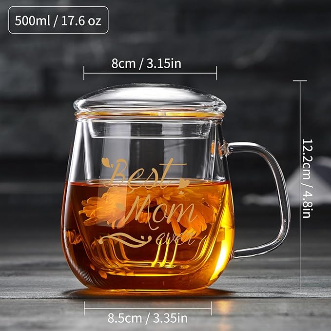 Glass Tea Cup 17.6oz, “Best Mom Ever” Mothers Day Cup with Gift Box, Gifts Mug for Mom, Glass Mug Teacup, Tea Cups for Mom Birthday, Perfect for Grandma & Daughter