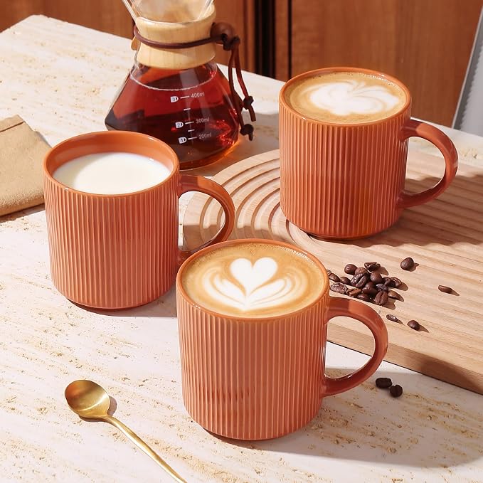 MONITO 16Oz Coffee Mugs Set of 6, Rustic Ceramic Coffee Cups Set with Large Handle, Vintage Striped Stoneware Coffee Mugs for Latte, Cocoa, Tea, Milk, Microwave & Dishwasher Safe, BRICK RED - Image 7
