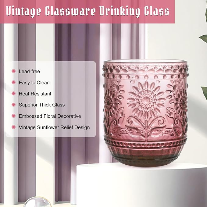 Topsky Vintage Drinking Glass Set of 4,12 oz Embossed Floral Drinkware Set,Pink Purple Drinking Glasses Cups Wine Glasses Colored Glassware for Whisky,Beer,Juice,Cocktail,Heavy Duty - Image 5