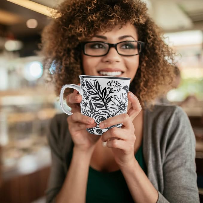 Karma Gifts 16 oz Black and White Boho Mug Floral - Cute Coffee and Tea Mug - Ceramic Coffee Mugs for Women and Men, 4.25" x 3.7" - Image 6