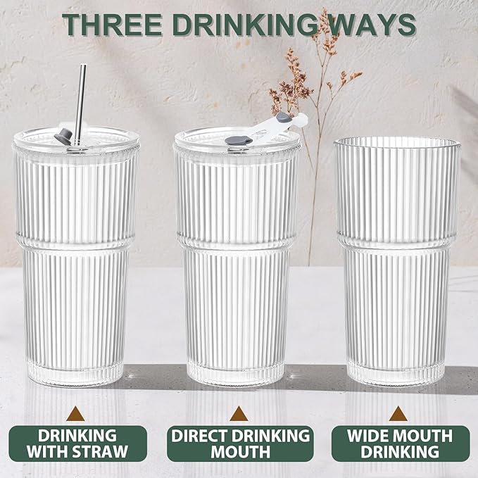 Iced Coffee Cups with Lids and Straws, 20 OZ Glass Tumbler with Straw and Lid, Clear Ribbed Glass Cups Reusable to Go Coffee Tumbler for Matcha, Smoothie, Cocktail,Latte, 4 Pcs