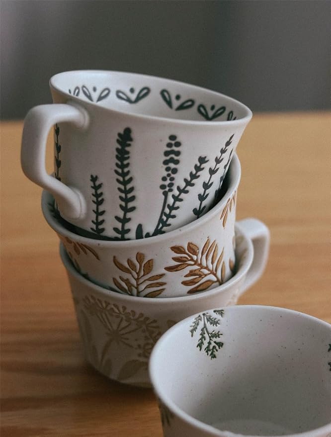 4 Pack 12oz Speckled Stoneware Coffee Mugs, Vintage Black Seaweed Botanical Ceramic Tea Cups, Rustic Hand Drawn Floral Drinking Mugs, Microwave Dishwasher Safe, Gift Set for Coffee Lovers - Image 6