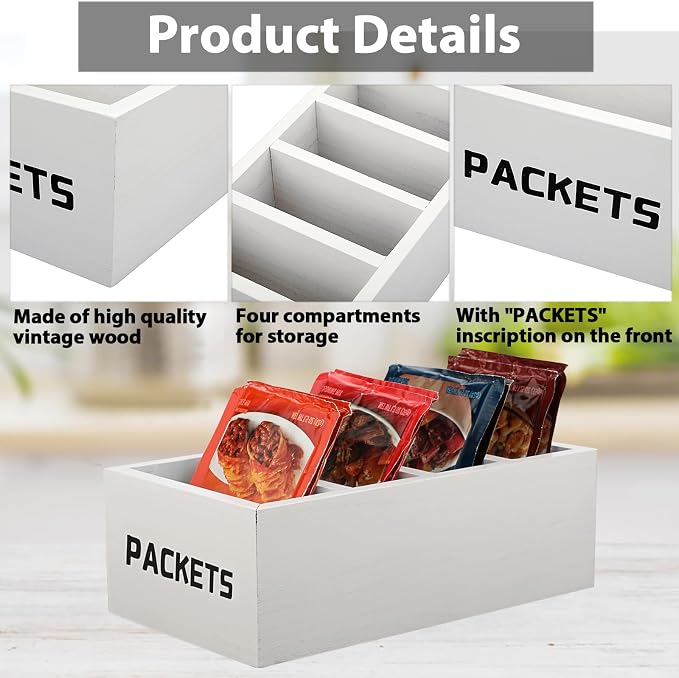 BSTKEY Seasoning Packet Organizer, Food Packet Storage Organizer with 4 Compartments, White Wooden Storage Caddy for Kitchen Pantry Cabinet, Farmhouse Kitchen Organization Bins for Snack Spice Packets - Image 3