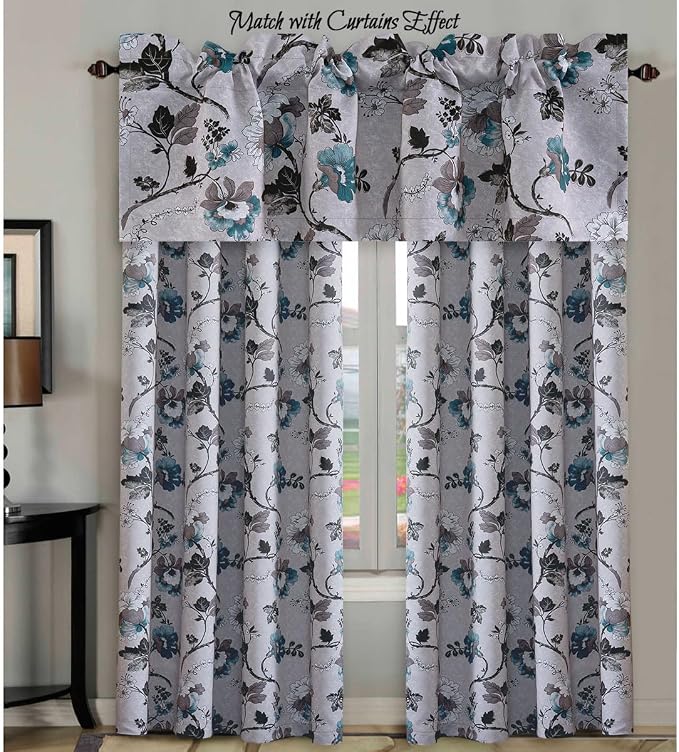 H.VERSAILTEX Blackout Curtain Valances for Kitchen Window/Living Room/Bathroom Privacy Added Rod Pocket Home Decoration Winow Valance, 52" W x 18" L, Floral in Grey and Teal - Image 7