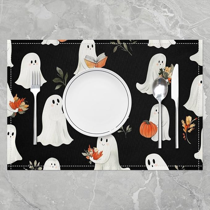 Feelyou Happy Halloween Placemats Set of 4 Cute Ghost Table Mats for Party Kitchen Dining Decoration Black Orange White Place Mat for Table Holiday Decor Indoor Outdoor 18"x12" Pumpkin Lantern - Image 2
