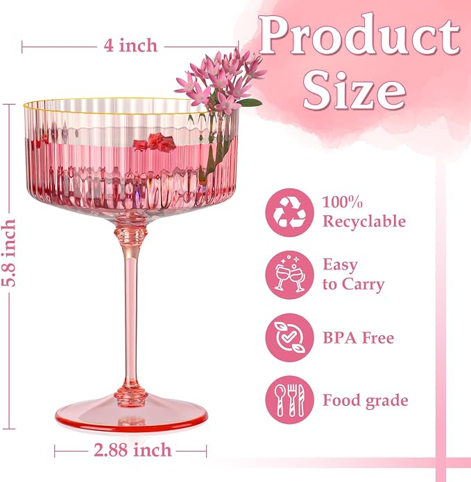 12 PCS Ribbed Coupe Glasses Pink Plastic Champagne Coupe Cup 10oz Detachable Gold Rim Espresso Martini Glass Vintage Margarita Glassware Cocktail Glass for Wedding Bachelorette Party - Image 2