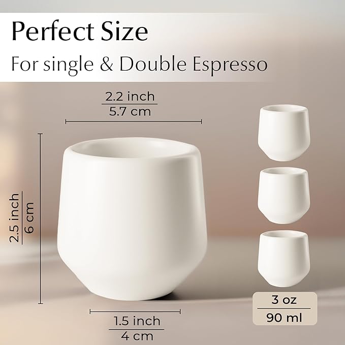 MIAMIO - Espresso Cups Set of 4 (3 oz) / Espresso Cup, Ceramic Espresso Cups, Handleless Mug, Japanese Tea Cups - Luxe Collection (White)