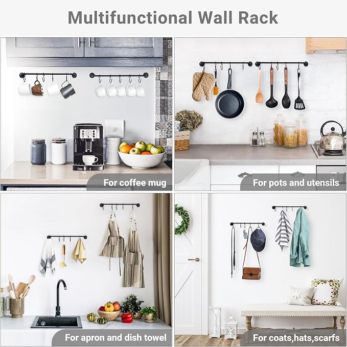 Mkono Mug Holder Wall Mounted Coffee Cup Rack Hanger Modern Metal Wall Rack with 15 Mug Hooks Rustic Utensil Tea Cups Storage Organizer for Kitchen Dining Room Coffee Bar, Set of 3, Black | Kitchen Rod, Space Saving, Easy Assembly, Wall & Under Cabinet... - Image 5