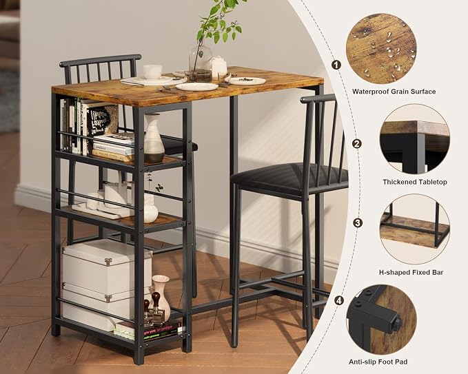 Gizoon 3-Piece Bar Dining Table Set for 2, Kitchen Table w/Shelves Retro | Space-saving retro bar height table set with 3 storage shelves. Includes 2 high-density PU cushion chairs that tuck away. - Image 3