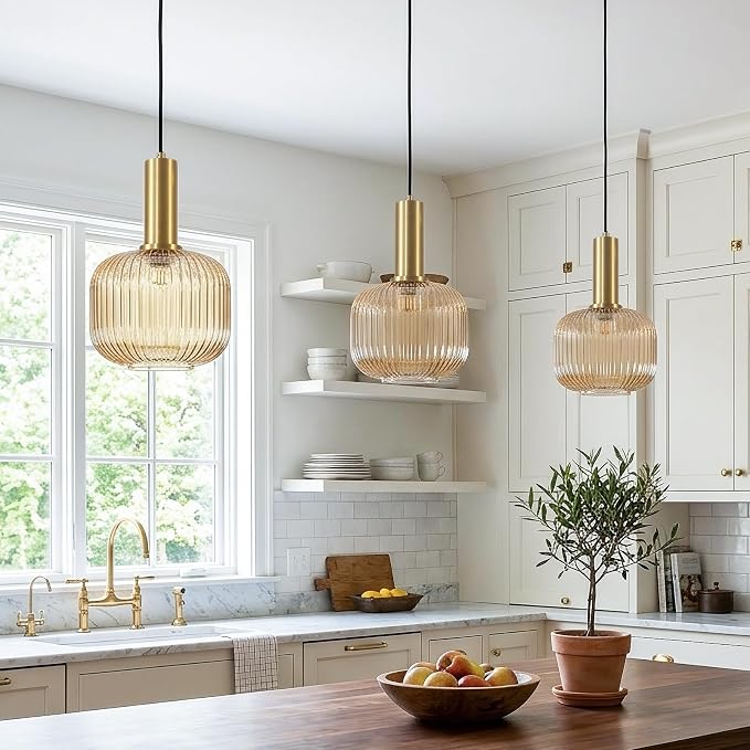 KCO Lighting MCM Gold 7.9" Amber Ribbed Glass Pendant Lights Kitchen Island | Adjustable Cord for Sloped Ceilings, E26 Base, Vintage Brushed Brass Hanging Light for Living Dining Room Hallway Bar Bedroom - Image 6