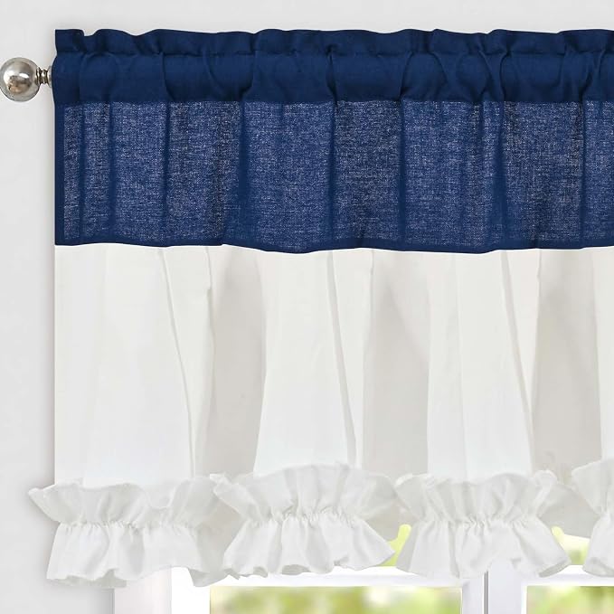 Likiyol Linen Valances for Windows Farmhouse Window Valances with Ruffle Rustic Country Light Filtering Kitchen Valance Curtains Rod Pocket Valance for Bathroom Cafe, Navy Blue White, 52" W X 18" L by Likiyol