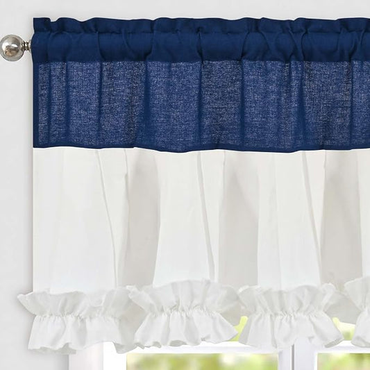 Likiyol Linen Valances for Windows Farmhouse Window Valances with Ruffle Rustic Country Light Filtering Kitchen Valance Curtains Rod Pocket Valance for Bathroom Cafe, Navy Blue White, 52" W X 18" L by Likiyol