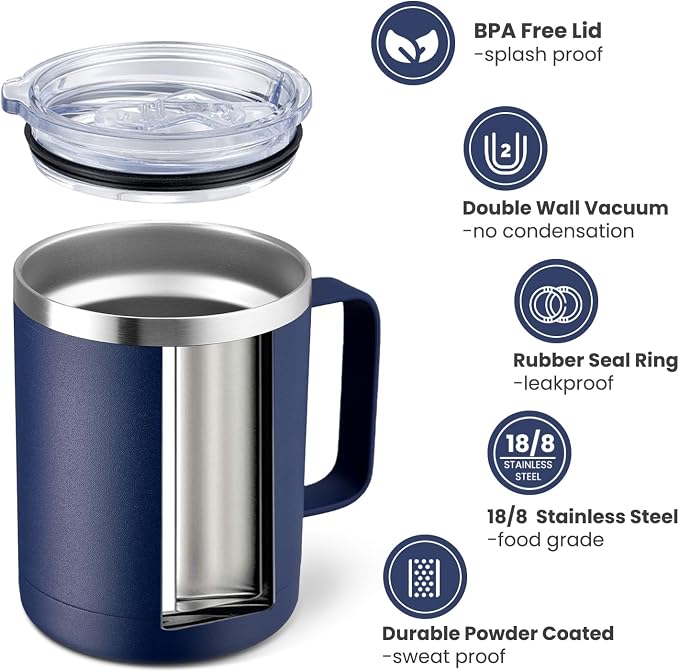 MEWAY 12oz Coffee Mug With Handle 8 Pack Bulk,Stainless Steel Insulated Travel Tumblers With Sliding Lid,Double Wall Vacuum Camping Cup for Hot & Cold Drinks Tea (Navy, 8) - Image 2