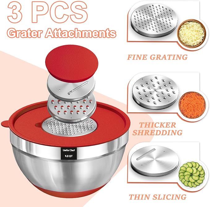 Umite Chef Mixing Bowls with Airtight Lids Set, 8PCS Stainless Steel Nesting Bowls Set, 3 Grater Attachments & Non-Slip Bottoms, Size 5, 4, 3.5, 2, 1.5QT for Baking & Mixing(Colorful) - Image 3