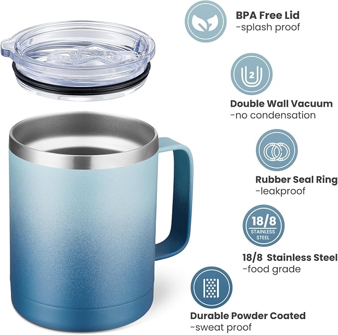 MEWAY 12oz Coffee Mug With Handle 2 Pack Bulk,Stainless Steel Insulated Travel Tumblers With Sliding Lid,Double Wall Vacuum Camping Cup for Hot & Cold Drinks Tea (Bubble Gum&Blue Waves,Set of 2) - Image 3