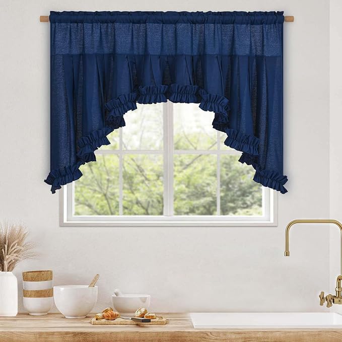 Likiyol Linen Valances for Windows Farmhouse Ruffle Swag Valance Rustic Country Window Valances Light Filtering Kitchen Curtains Rod Pocket Valance Curtains for Bathroom Cafe, Navy Blue, 60"W x 36"L - Image 3