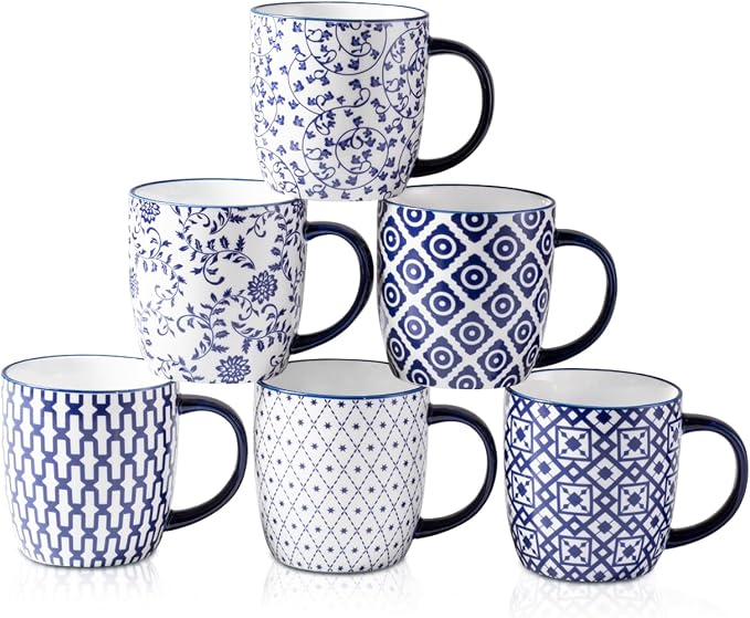 Ceramic Coffee Mugs Set - 10 OZ Large Porcelain Tea Cups with Handle for Milk Cappuccino Latte Cocoa Tea - Microwave Dishwasher Safe - Christmas Housewarming Gift -Set of 6 - Vintage Blue by Gibsimi