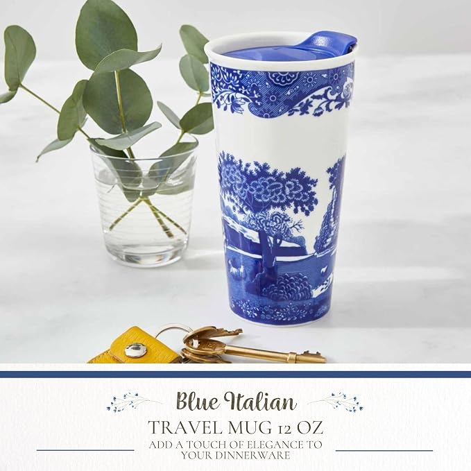 Spode Blue Italian Travel Mug | 12-Ounce Capacity | Made of Porcelain | Travel Tumbler for Coffee and Tea | Hot Water Cup | Dishwasher and Microwave Safe - Image 2
