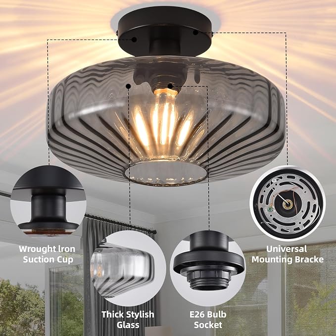 Semi Flush Mount Ceiling Light, 11.8 Inch Smoke Grey Glass Ceiling Light Fixture, Farmhouse Hallway Lighting Fixtures for Kitchen, Foyer, Bedroom, Bathroom, Dining room, E26 Base (Bulb Not Included) - Image 4